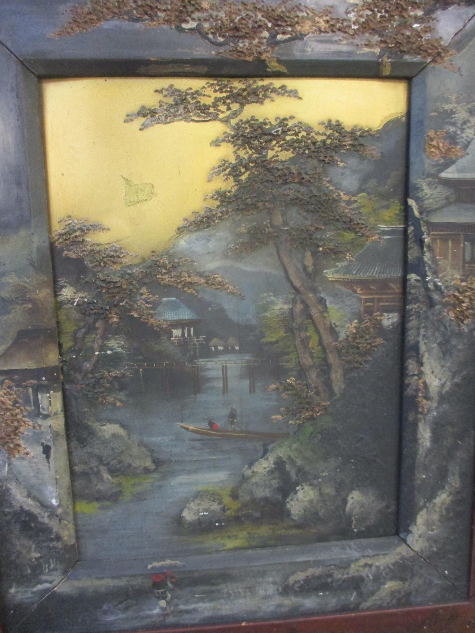 A pair of mid 20th century Oriental oils on board with the painting blending into the mount framed - Image 2 of 6