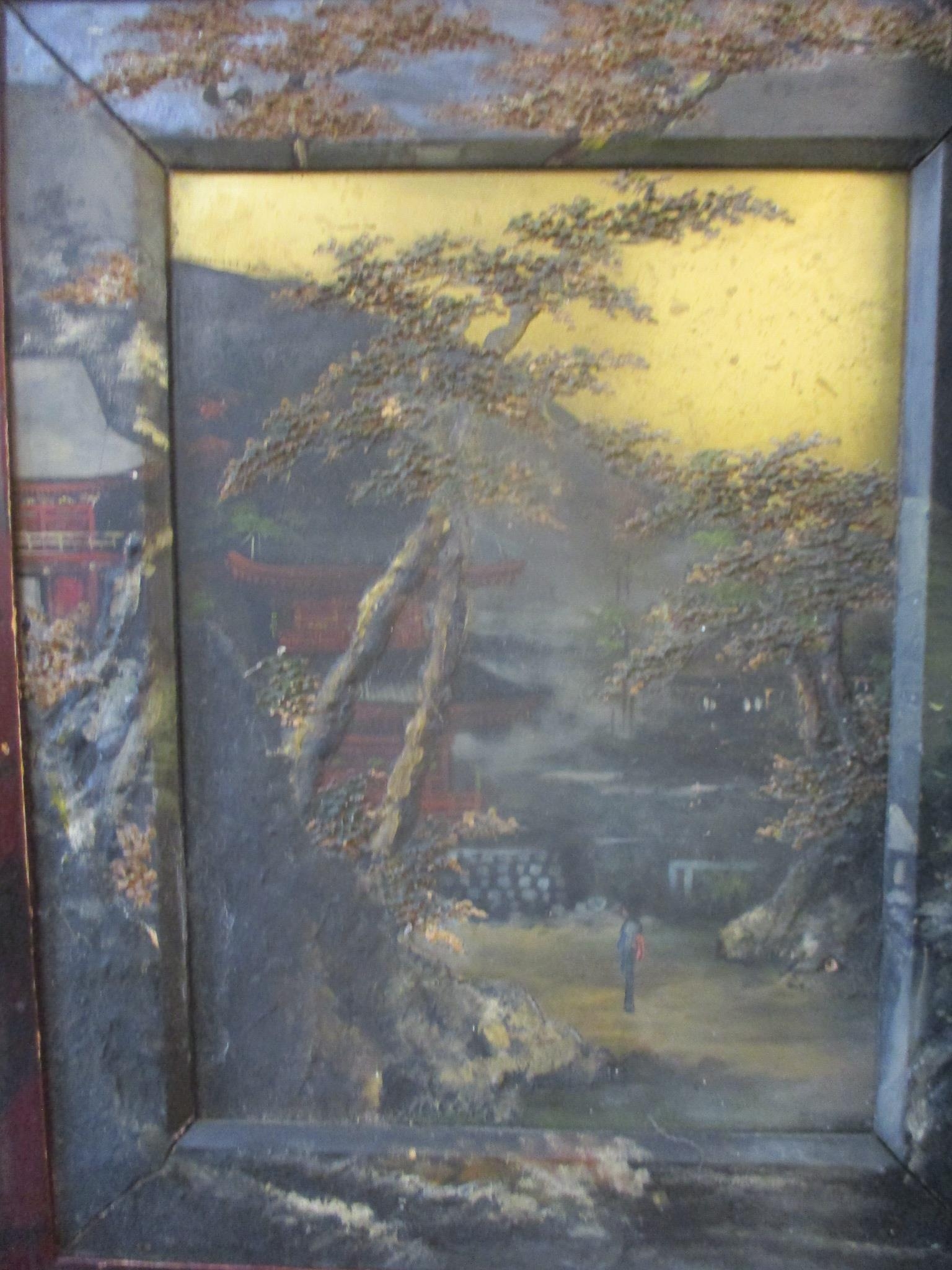 A pair of mid 20th century Oriental oils on board with the painting blending into the mount framed - Image 3 of 6