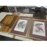 A mixed lot to include two prints of parrots, an abacus, slide rules, a dish of coins of Korea etc