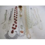 Costume jewellery to include a seed pearl necklace and brooches.