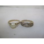 Two 9ct gold rings, one set with a pearl and other diamonds and sapphires, 4.5g