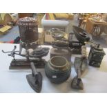 A mixed lot to include Victorian weighing scales, coffee grinder, stove and other items