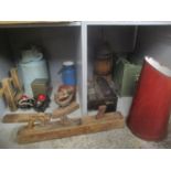 A mixed lot to include a field telephone, radiation detector, churns, military canvas bag and