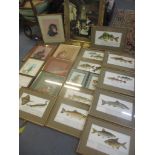 An ornately framed print of a Dutch kitchen scene, twelve fishing related prints, five wildlife