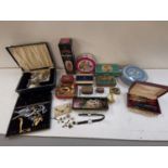 A small quantity of costume jewellery and pens, together with vintage tins and miscellaneous