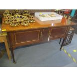 A mahogany serving table together with a pair of Edwardian mahogany inlaid occasional chairs and