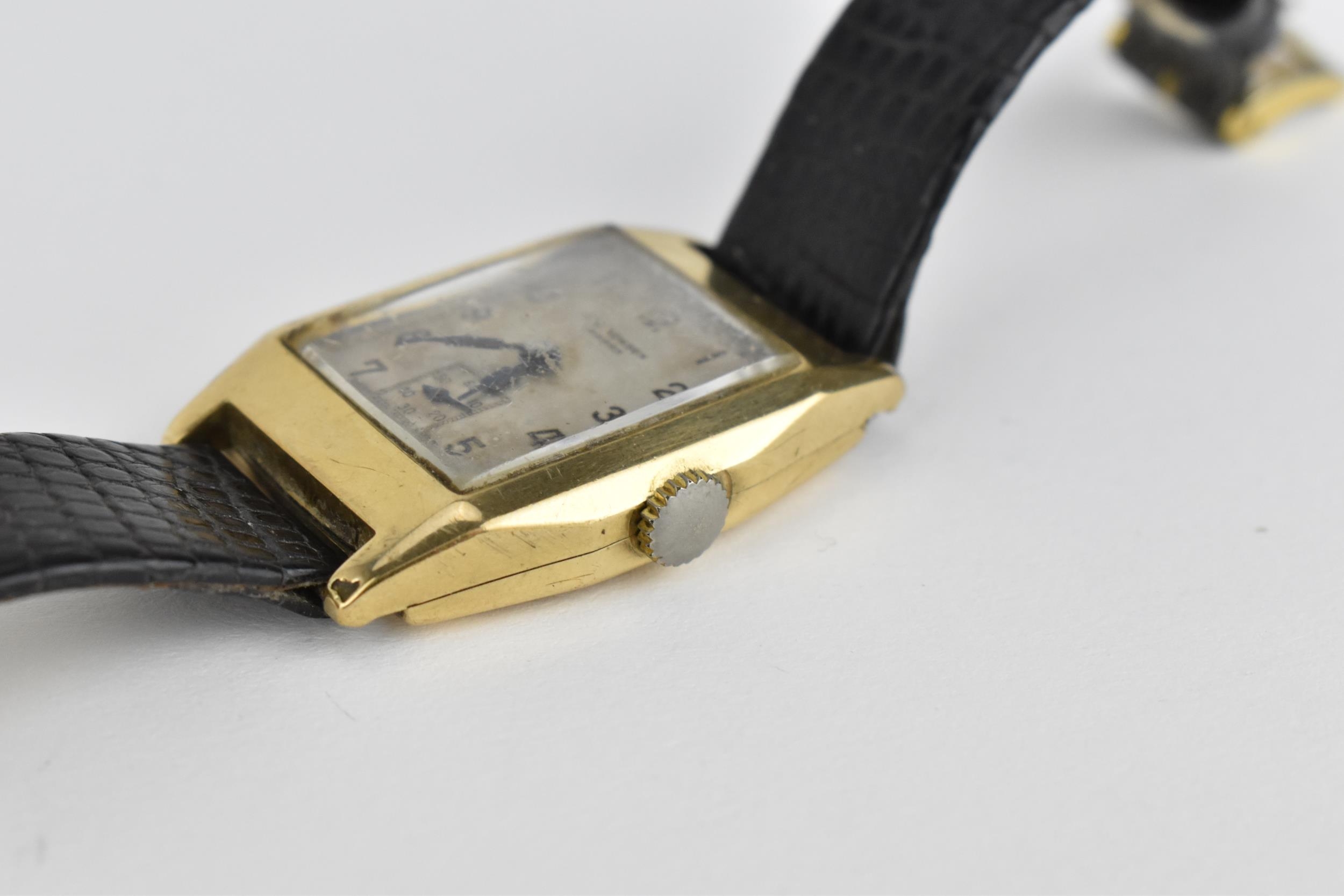 An early 20th century J.W Benson, London 9ct gold cased wristwatch with rectangular dial having - Image 6 of 6