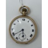 An early 20th century 9ct gold open faced pocket watch, the white enamel dial having Roman