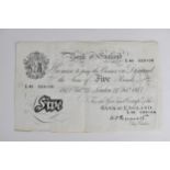 A Bank of England white Five Pound note, dated 24th February 1947, London series L49 028106, Kenneth