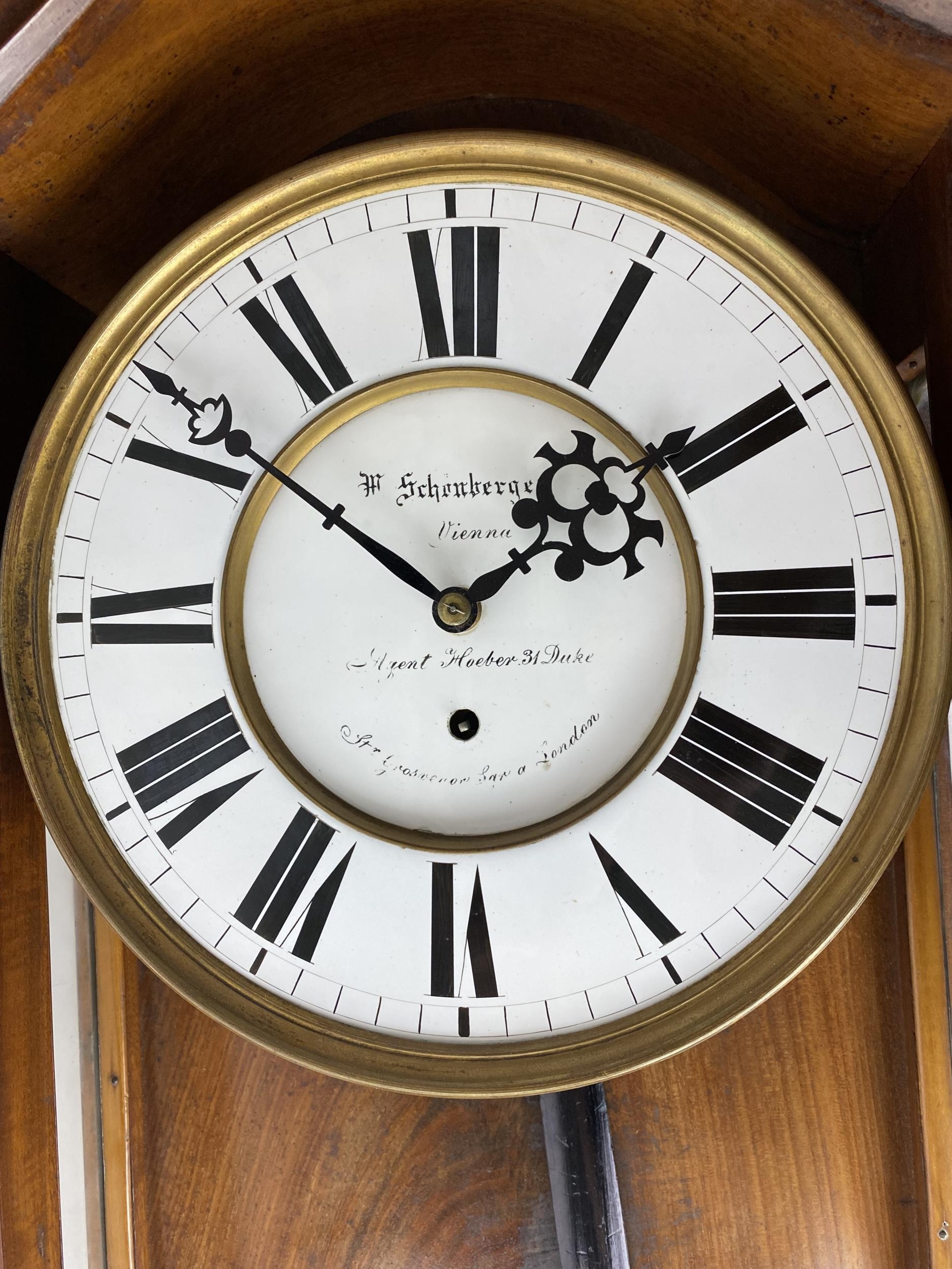 A late 19th century walnut 8 day Vienna regulator wall clock, the circular dial having black Roman - Image 2 of 8