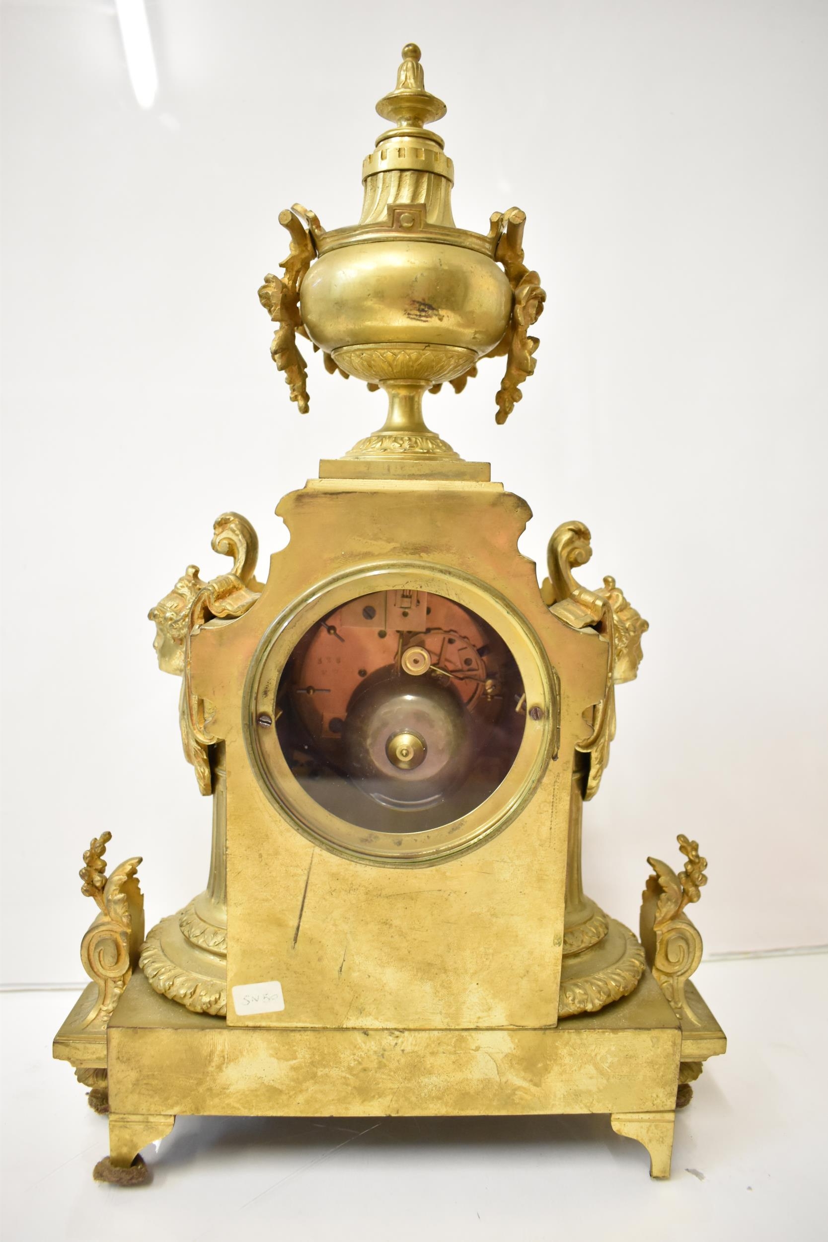 A 19th century French gilt metal mantel clock, the case having an urn shaped finial with floral - Image 3 of 6