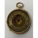 A Late 19th century 18ct gold open faced fob watch having a machine floral decorated centre and