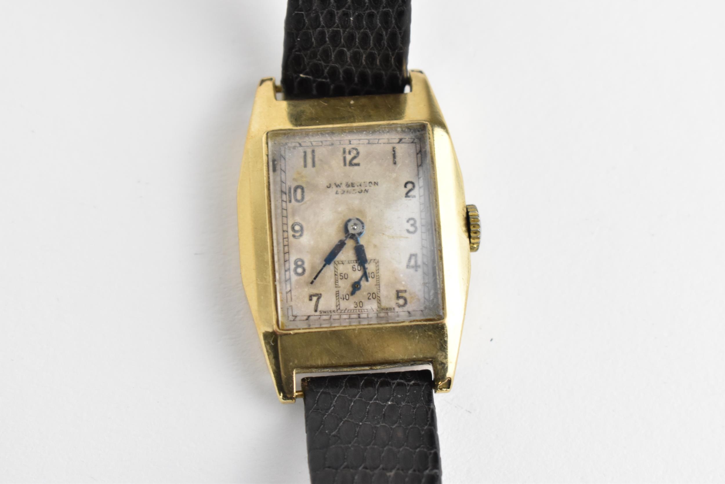 An early 20th century J.W Benson, London 9ct gold cased wristwatch with rectangular dial having - Image 2 of 6