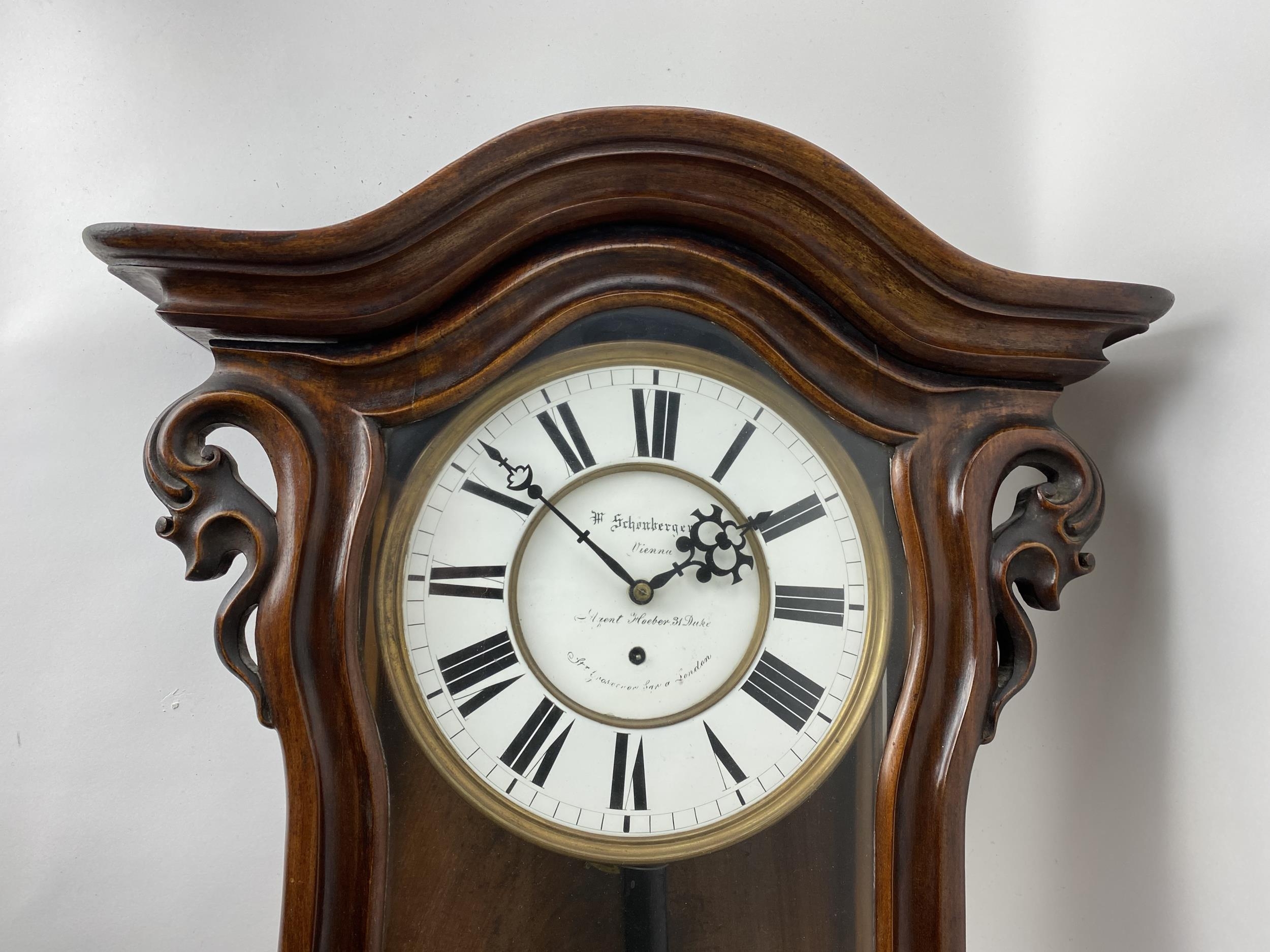 A late 19th century walnut 8 day Vienna regulator wall clock, the circular dial having black Roman - Image 7 of 8