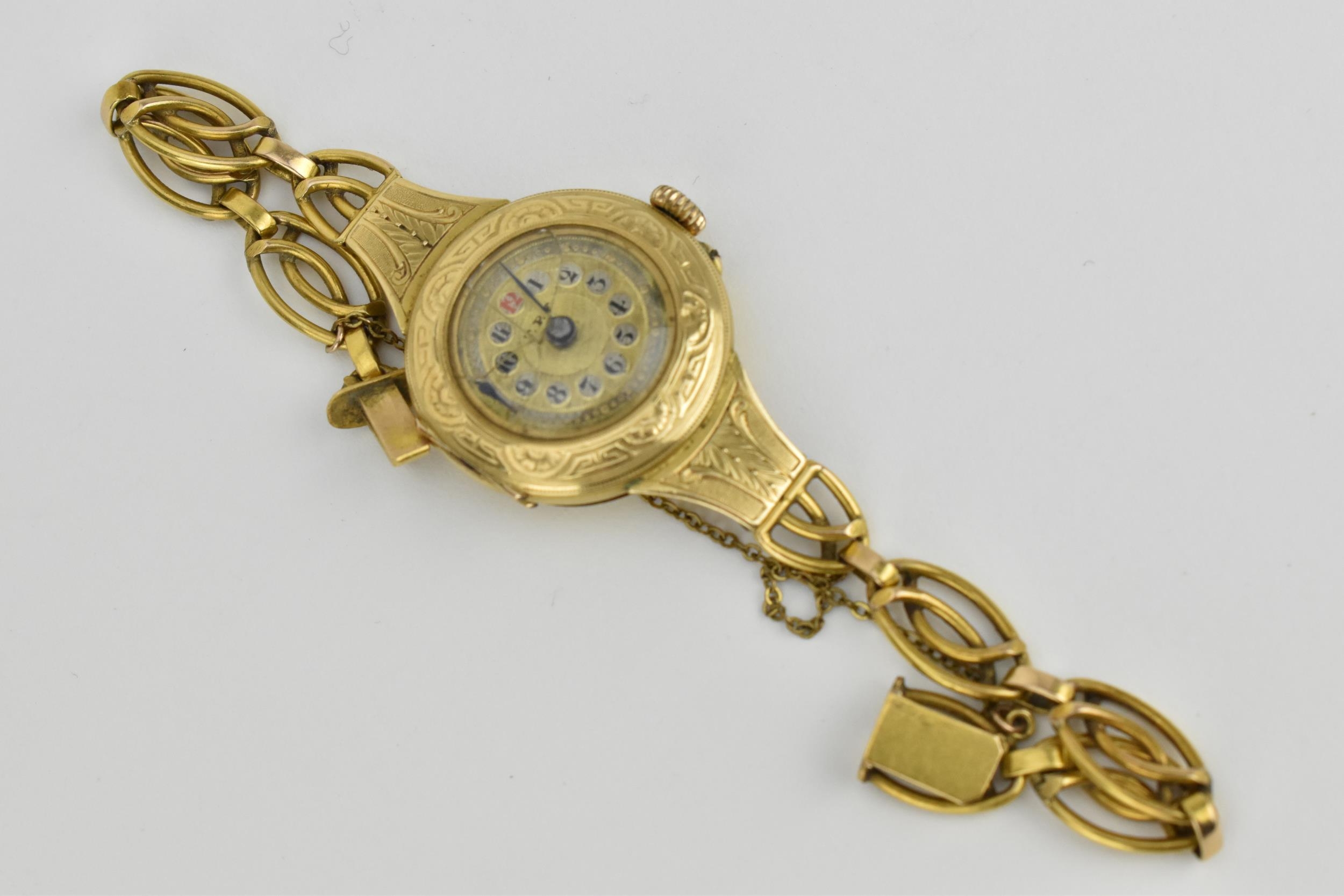 A Swiss early 20th century ladies 18ct gold cylinder wristwatch. The dial signed T.R.F with - Image 2 of 6