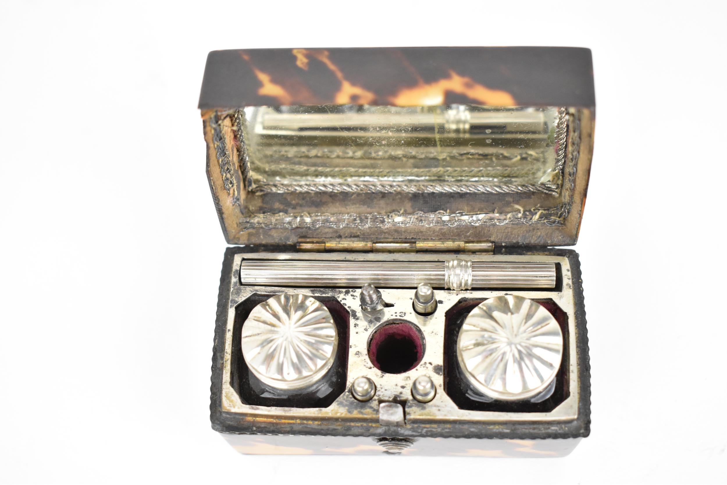 A 19th century tortoise shell cased travellers pen set, the arched topped box enclosing two - Image 2 of 11