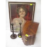 A reproduction mahogany knife box together with a Pears print entitled 'Witchery' and a pair of