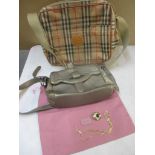 A Radley gold coloured shoulder bag with branded dust bag, a vintage Burberry style satchel A/F