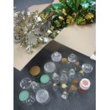 A box of retro style Christmas hanging decorations in silver, gold and green comprising swags and