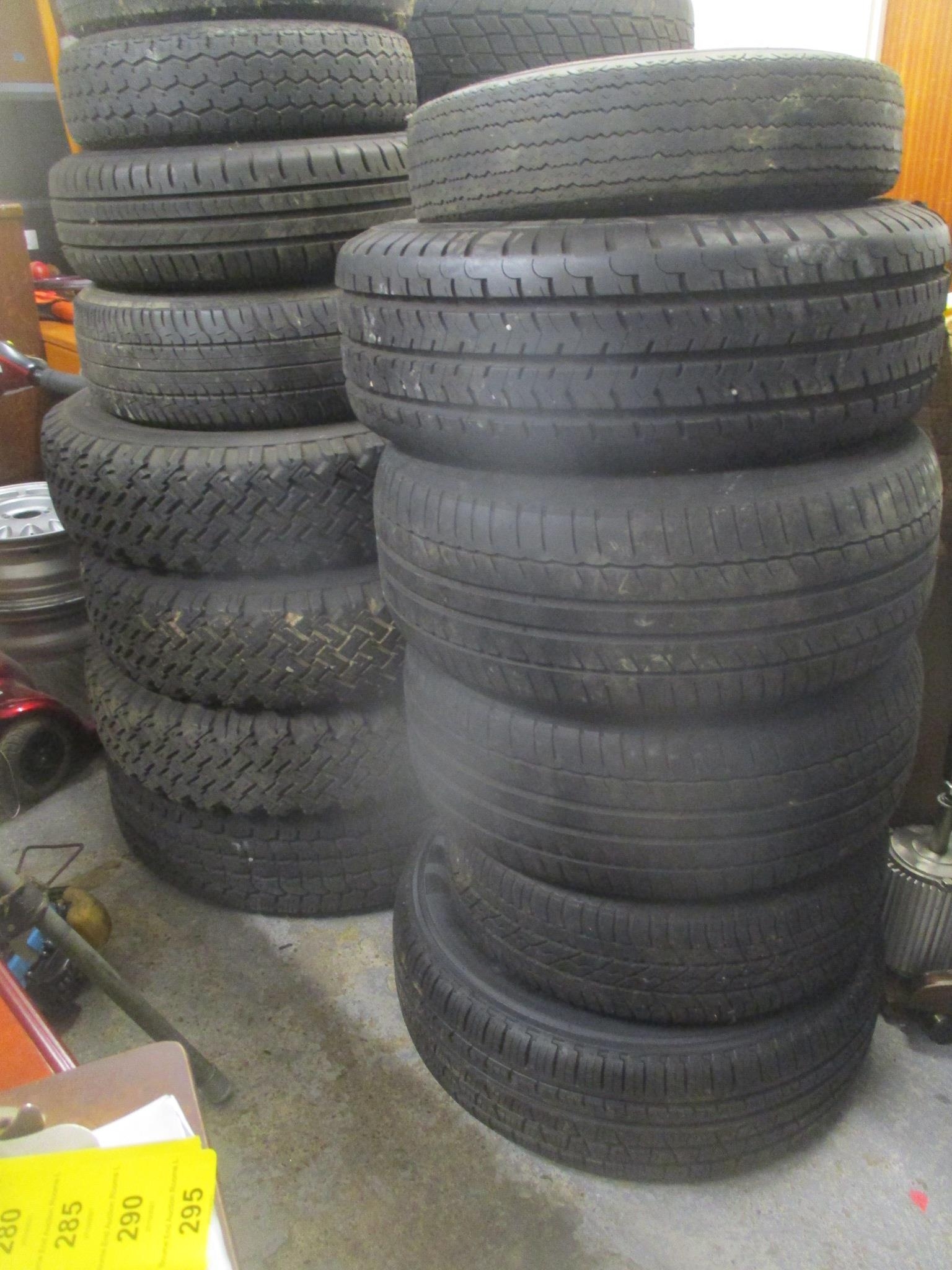 A large selection of tyres and alloys to include a set of Saab alloys, tyres for a Mini, a General M