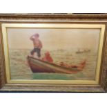 After Hamilton Macallum (1841-1896), figures in a boat, oleograph, set in gilt wood frame, 42cm x