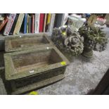 A pair of composition garden planters, 19cm h x 42.5cm w together with two garden ornamental