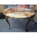 A vintage marble topped occasional table on four gilt metal legs, 43.5h x 69.5 w Location: