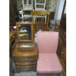 Mixed furniture to include a beech spindle back rocking chair, Ercol style painted chair, bow