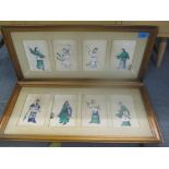 A set of eight late 19th century Japanese watercolours on silk in two frames, together with a