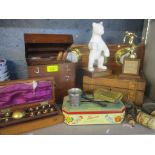 A mixed lot to include vintage tins, a Sike's hydrometer, a Kelvin Hughes nautical style