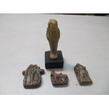 A small Egyptian style Shaabi, unglazed 9cm h, and three Egyptian pottery sherds Location: Porters