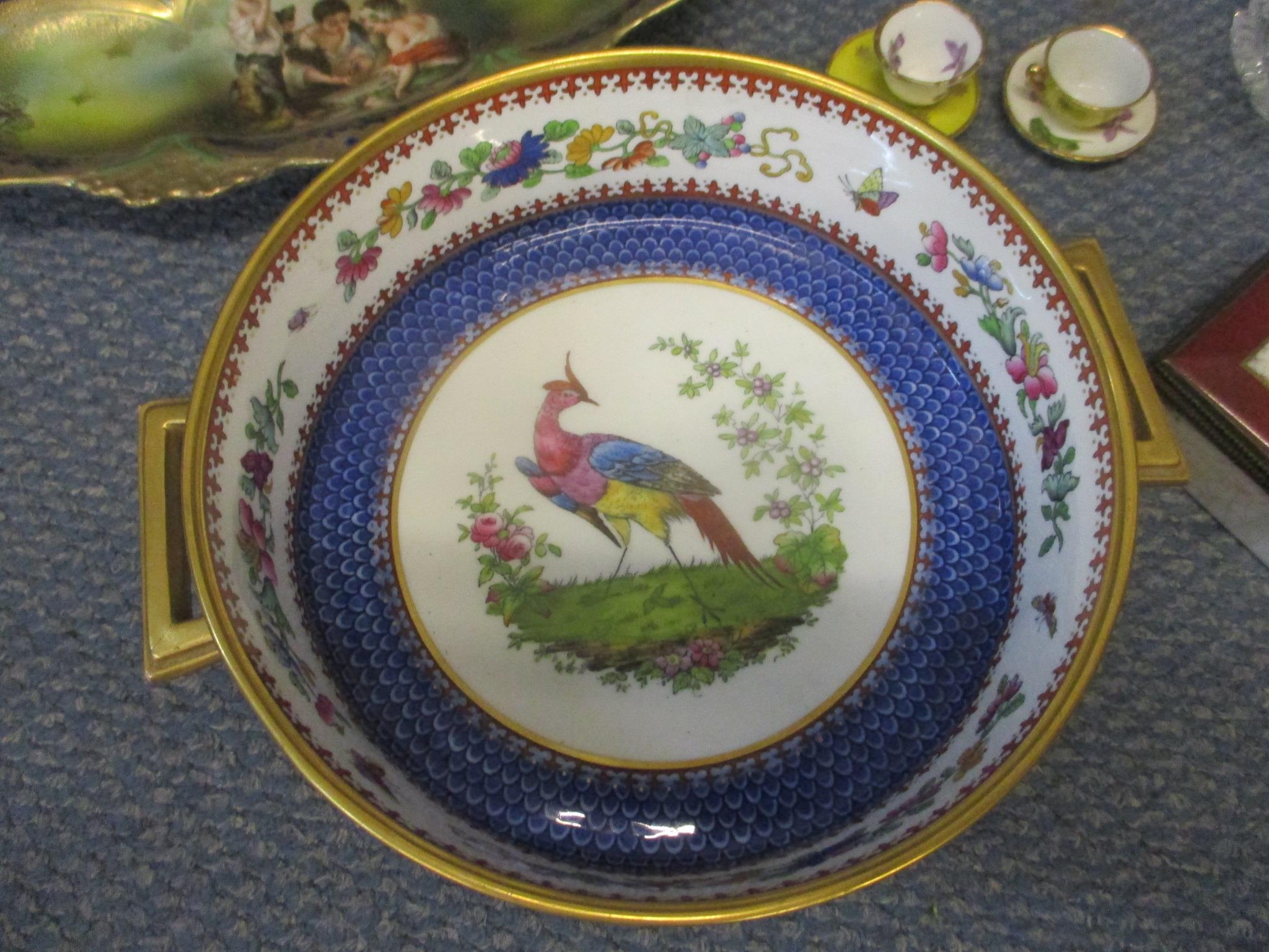 A Spode pedestal centre bowl with an image of an exotic bird to the centre together with continental - Image 2 of 7