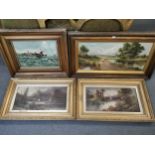 Four 20th century oil paintings on canvas, landscapes and seascapes, set in gilt wood frames