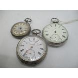 Three silver pocket watches, two with enamelled dials and the other a silvered dial Location: