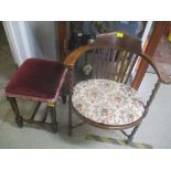 A 1930's oak barley twist framed chair and an oak framed stool Location: