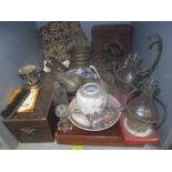 A mixed lot to include an early 19th century sarcophagus formed tea caddy A/F, canteen of cutlery,