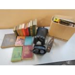 Mixed lot to include books, two pairs of binoculars, vintage Stanley plane and a box of classical