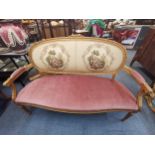 A 20th century French Louis XVI style gilt wood sofa with tapestry backrest and velour seat and