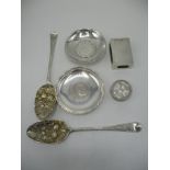Silver to include a pair of berry spoons, a match box holder A/F, a silver pill box with engine