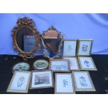 Two reproduction ornate gilt framed mirrors, together with mixed pictures to include a watercolour