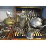 Cased fish knives and forks, a brass kettle, a crumb tray, silver plated items, a specimen stone and