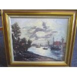 An indistinctly signed oil on board of a Dutch waterway with two windmills in the background and