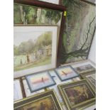 Twelve mixed pictures to include a Douglas West watercolour depicting a cricket scene, 53cm x