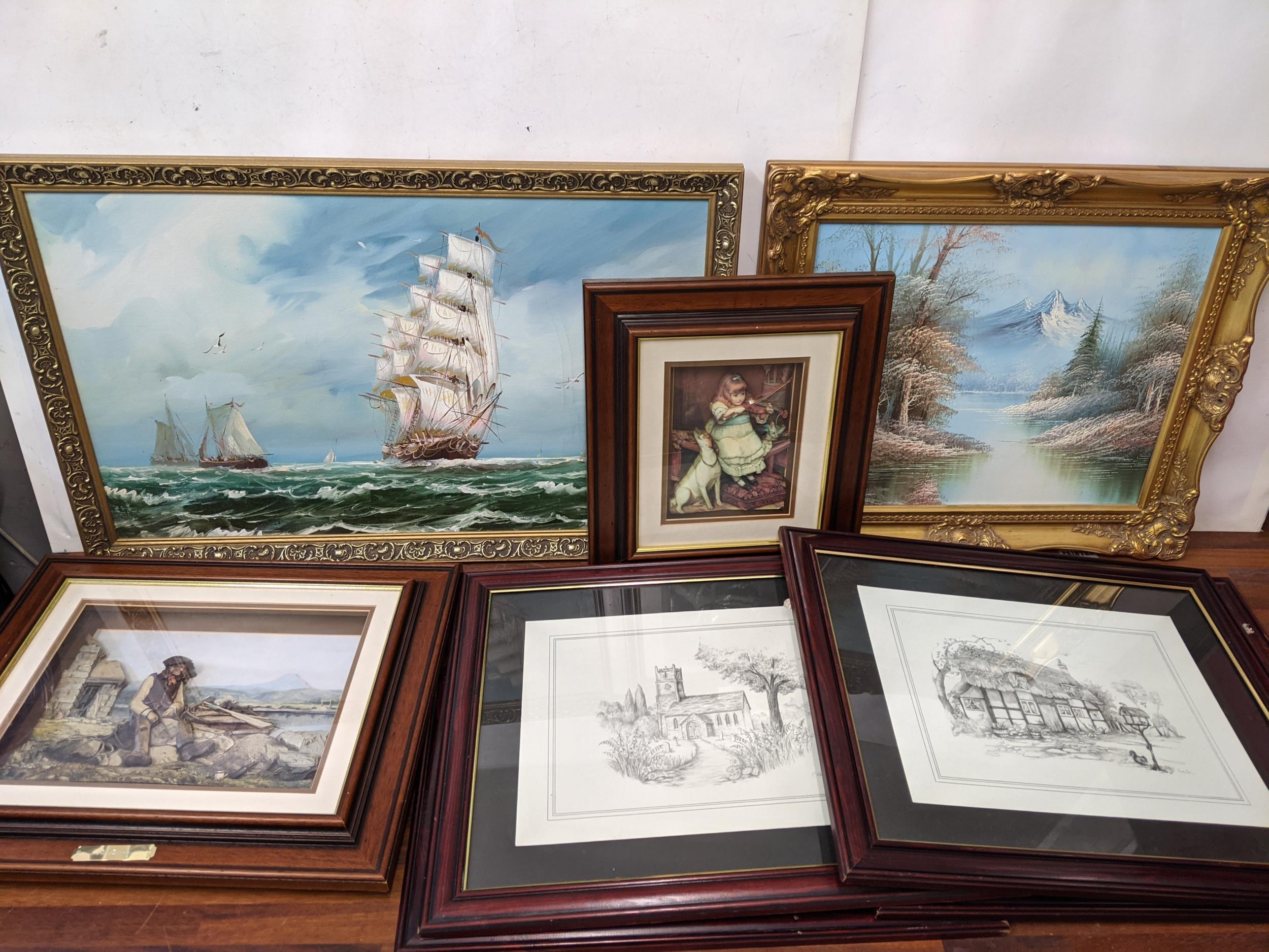 Pictures to include a seascape and a river scene, oil on canvas, a set of four prints and two 3D