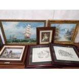 Pictures to include a seascape and a river scene, oil on canvas, a set of four prints and two 3D