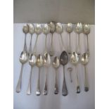 Eighteen 19th century and later spoons and salt spoon, 224g Location: