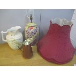 A Victorian Staffordshire wash jug, a large modern china vase style lamp and shade and a Benson