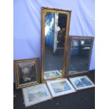 Two large modern gilt framed mirrors together with four mixed pictures to include E.M Jack -