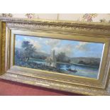 An unsigned oil on canvas depicting a Continental lake scene with church ruins and mountains in