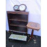 A mixed lot to include a Victorian games table, an oak open bookcase, tapestry topped stool and an